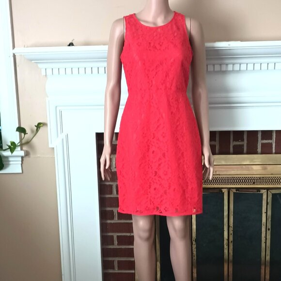 J.Crew Floral Lace Sheath Dress 0 Orange Sleeveless Keyhole Back Fully Lined - Picture 1 of 9